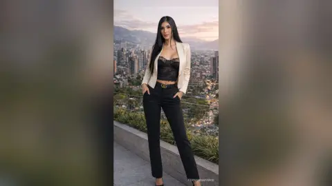 Confident woman in a black lace top and trousers posing on a balcony overlooking a city skyline at sunset.