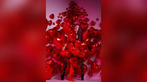 LeyaTaryn poses in black lingerie and tall boots amidst a pile of large red heart balloons.