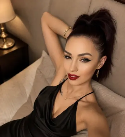 Glamorous woman in a black satin dress with red lipstick relaxing on a bed in a cozy bedroom setting.
