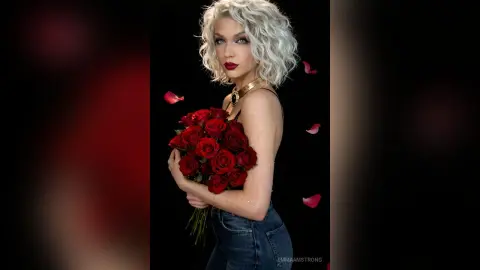 Glamorous blonde woman in a black tank top holding a bouquet of red roses against a dark moody background.