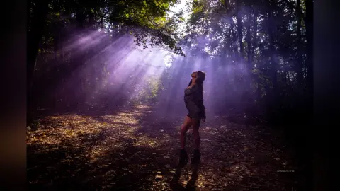 AnaMathers stands in a sunlit forest clearing wearing a dark patterned romper or short dress.