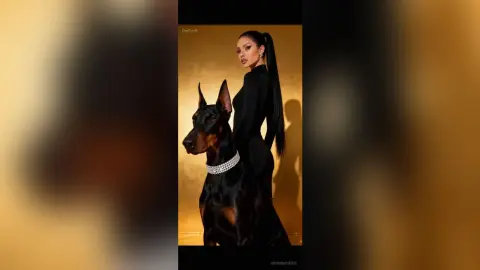 Elegant woman in a black dress posing with a sleek Doberman wearing a diamond collar in a studio setting.