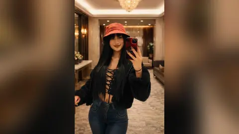 Young woman in a black lace-up crop top and bucket hat taking a mirror selfie in a luxury hotel lobby.