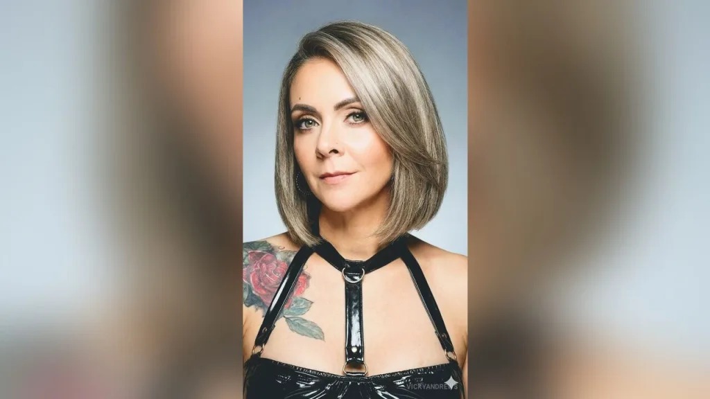 VickyAndrews — VickyAndrews poses in black patent leather lingerie with a silver ring detail and a large rose tattoo on her shoulder.