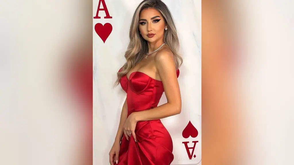 AyannaSun — Glamorous woman in a red satin strapless dress posing against a white background with red playing card motifs.