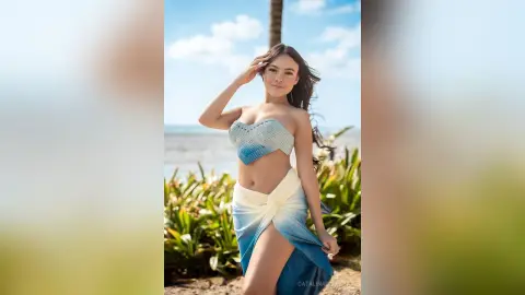 Smiling woman in a blue striped bikini top and white sarong posing on a sunny tropical beach.