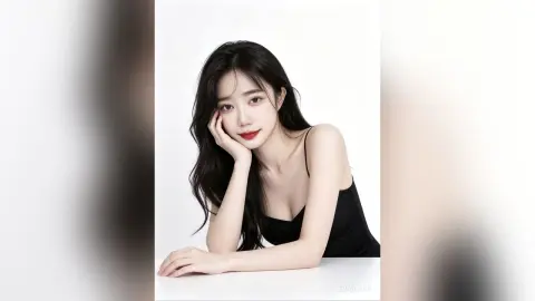 Elegant young woman in a black camisole posing with a serene expression against a clean white background.