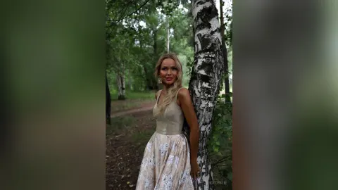 AliceLeslie — AliceLeslie poses outdoors in a floral sleeveless dress while leaning against a birch tree in the woods.