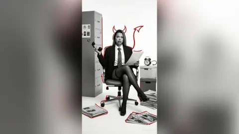 AvaBronX — AvaBronX sits in an office chair wearing a black suit and tie, holding a telephone and papers with red devil horns drawn above her head.