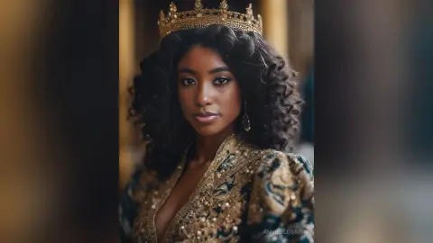 Elegant Black woman wearing a gold crown and ornate teal gown in a regal, cinematic setting.