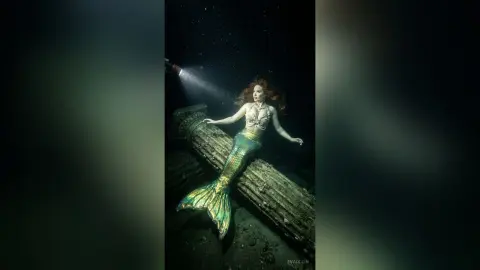 Redheaded mermaid in a shimmering green scale tail reclining on ancient underwater ruins in dark ocean depths.