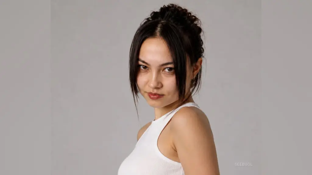 SeeBugl looks over her shoulder with dark hair framing her face against a plain tan background.