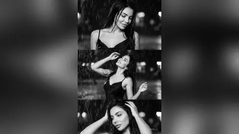 Moody black and white portrait of a smiling woman in a black slip dress standing in the rain at night.