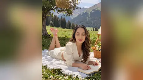 LilianMendoza lies on her stomach on a white blanket in a grassy field, wearing a white long-sleeve top and reading a book.
