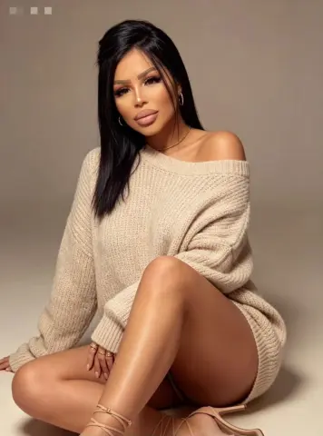 LunaVixe00 poses sitting on the floor wearing an off-the-shoulder tan knit sweater and strappy nude heels.