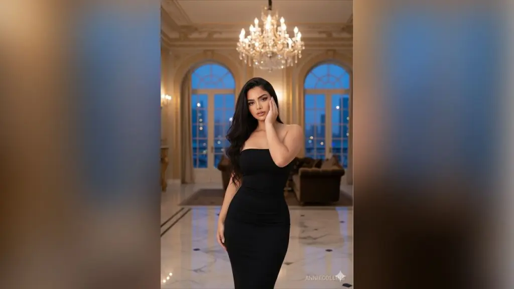 AnnieCollins โ Elegant woman in a sleek black strapless dress posing in a luxurious mansion with a crystal chandelier.