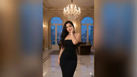 Elegant woman in a sleek black strapless dress posing in a luxurious mansion with a crystal chandelier.