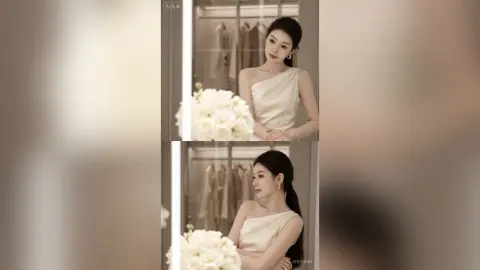 Elegant woman in a white silk cocktail dress posing gracefully in a bright, minimalist boutique setting.