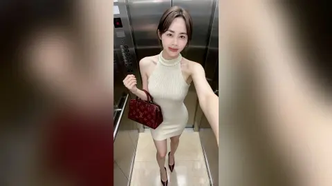 Elegant woman in a white ribbed halter dress holding a designer handbag in a modern elevator.