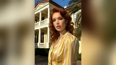Elegant redhead woman in a yellow striped silk blouse posing outside a luxury Mediterranean villa.