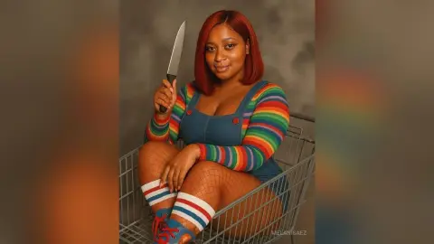 Red-haired woman in a colorful striped sweater and denim jumper holding a knife while sitting in a shopping cart.