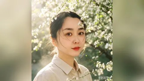 AuraraFeng — AuraraFeng poses outdoors amidst white flowering branches wearing a light beige button-down shirt.