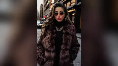 Stylish woman in a brown faux fur coat and sunglasses posing on a city street with a chic urban mood.