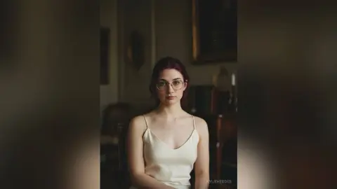 Elegant woman in a white silk camisole wearing glasses in a moody, dimly lit vintage interior.