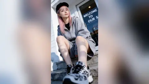Young woman with pink hair in a grey hoodie and black cap sitting on outdoor steps in a relaxed mood.