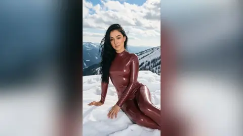 Woman in a shiny brown bodysuit sitting on snowy mountains under a blue sky.