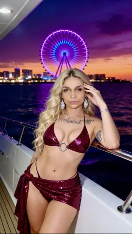 Blonde woman in a sparkly burgundy bikini posing on a boat at night with a glowing Ferris wheel background.