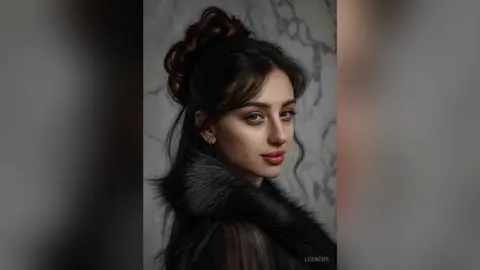Elegant woman with dark hair in a high bun wearing a luxurious black faux fur coat against a marble background.