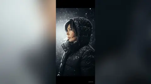 Moody portrait of a woman in a black hooded winter jacket during a snowy night outdoors.