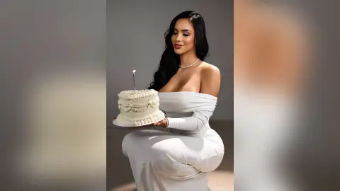 Alison wears a white off-the-shoulder dress while holding a small white cake with a single lit candle.