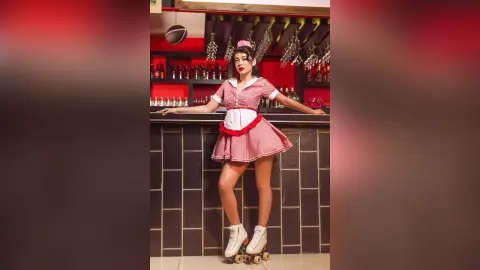 JessieLiu stands behind a dark bar wearing a red and white waitress outfit and white roller skates.