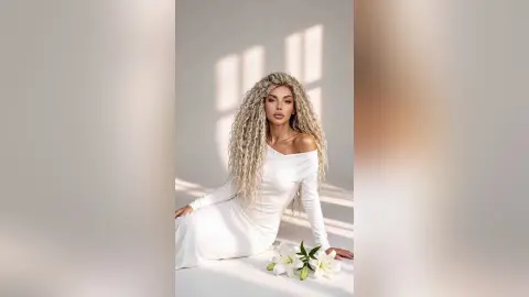 Elegant woman with long curly blonde hair in a white long-sleeve dress sitting in a bright, minimalist studio.