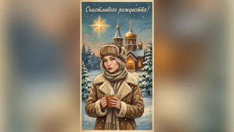 Woman in warm winter coat holding a mug under a glowing star in a snowy Christmas landscape.