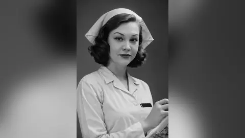 Vintage style portrait of a woman in a retro nurse uniform and cap with a classic 1950s hairstyle.