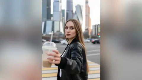 AuroraCruise poses outdoors in a city setting, wearing a black leather jacket and holding a clear plastic cup with a light brown drink.