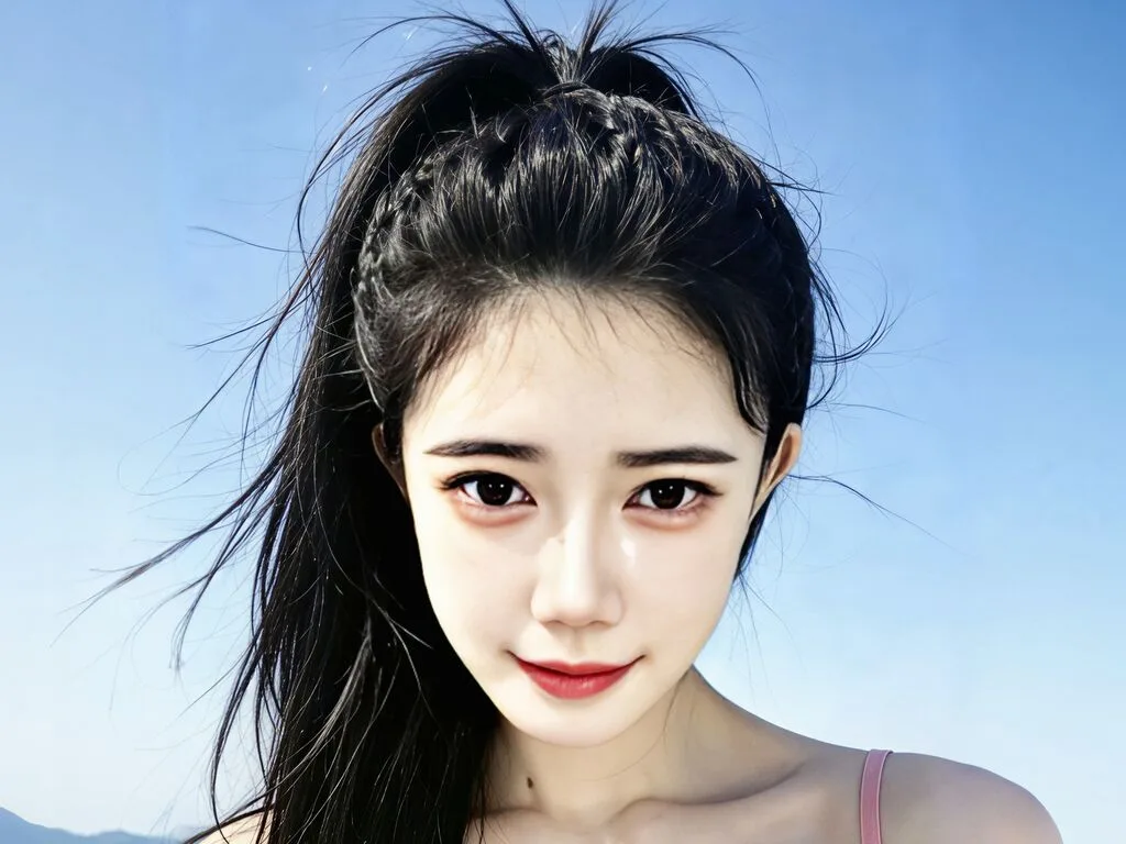 YiyiChen poses outdoors with her long black hair in a high ponytail against a blue sky.