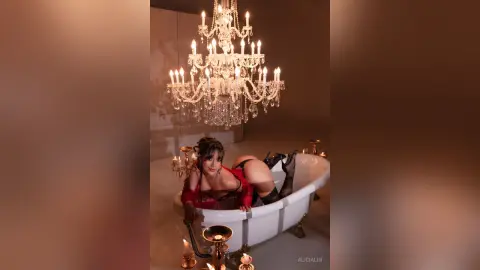 Glamorous woman in red lace lingerie and black stockings posing in a luxury bathtub under a crystal chandelier.