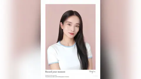 Smiling young woman with long dark hair wearing a white ribbed t-shirt against a soft pink background.