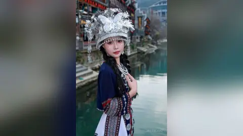 Young woman in traditional silver ethnic headpiece and blue patterned dress standing by a scenic river canal.