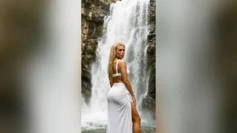 SerenaStar poses in a white bikini and long white skirt in front of a large waterfall.
