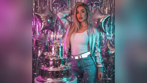 Glamorous woman in silver jacket and jeans posing with a sparkly cake against a festive disco fringe backdrop.