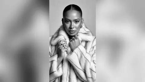 Elegant woman in a luxurious faux fur coat posing for a sophisticated black and white studio portrait.