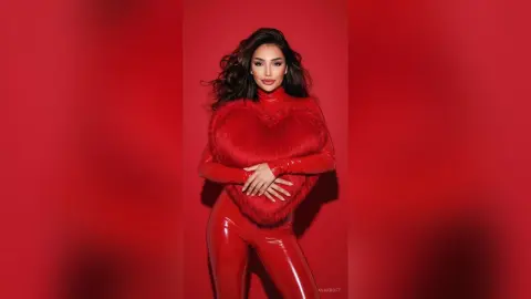 Glamorous woman in a red faux fur top and shiny red leggings posing against a vibrant red background.