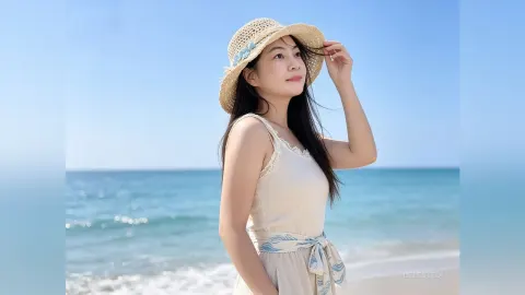 CelesteQi — CelesteQi wears a white sun dress and a straw hat while standing on a sunny beach by the ocean.