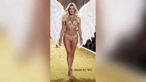 JessycaPage poses in gold lingerie and large white angel wings on a glittery runway.