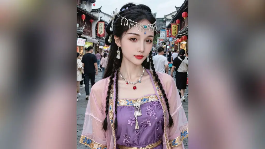 AngerlaMei — AngerlaMei wears a purple and pink traditional outfit with silver jewelry and long black braids while standing on a busy street.